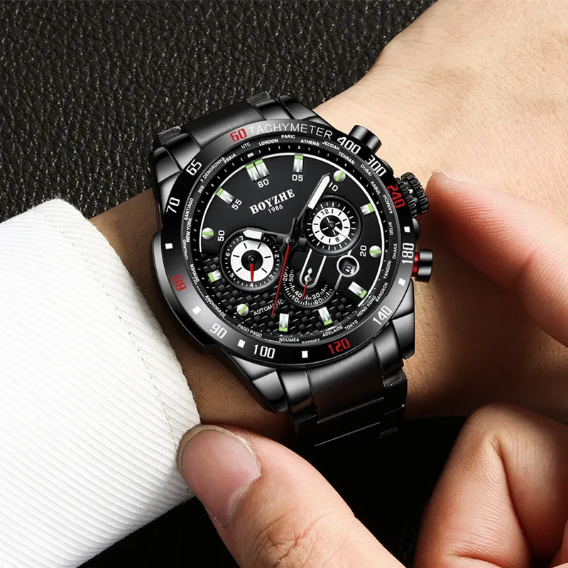 

BOYZHE Men Automatic Mechanical Watch Sports Fashion Luxury Brand Watch Men Stainless Steel Waterproof Watches Relogio Masculino