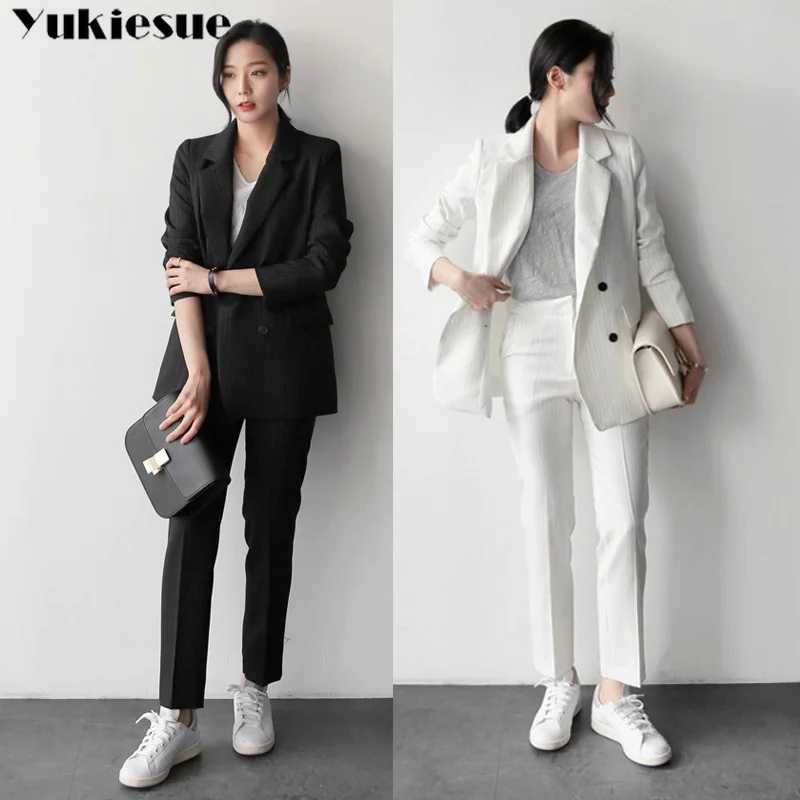 

striped Long section Pant Suits Women Casual Office lady Business Suits Formal Work Wear Sets Uniform Styles Elegant Pant Suits