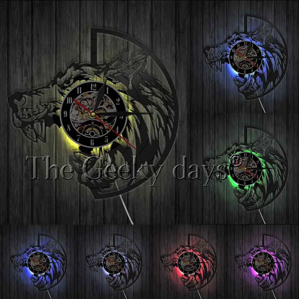 With LED Wolf Wall Art Виниловые часы для записей Волчья портретная голова Волка лазерный Резной декор настенные часы животные волчьи клыки часы с большим ртом - Цвет: With LED