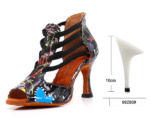 Black heel 10cm WUXIJIAO/Танцевальная обувь для латиноамериканских танцев; Цвет черный, белый; разноцветная обувь для сальсы из искусственной кожи; блестящая профессиональная танцевальная обувь; Мягкая Обувь для бальных танцев - Цвет: Black heel 10cm