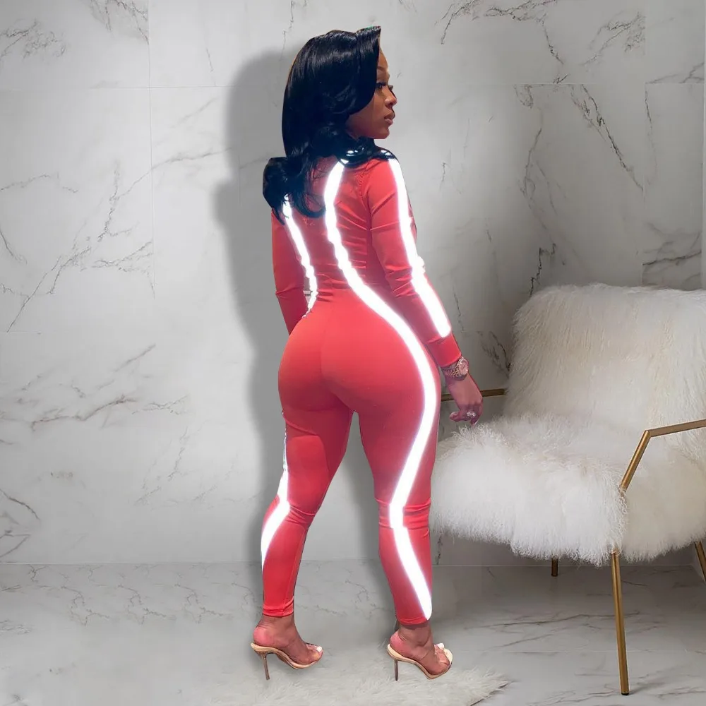 

Casual Fluorescent Striped Patchwork V Neck Full Sleeves Zipper Women Bodycon Jumpsuit