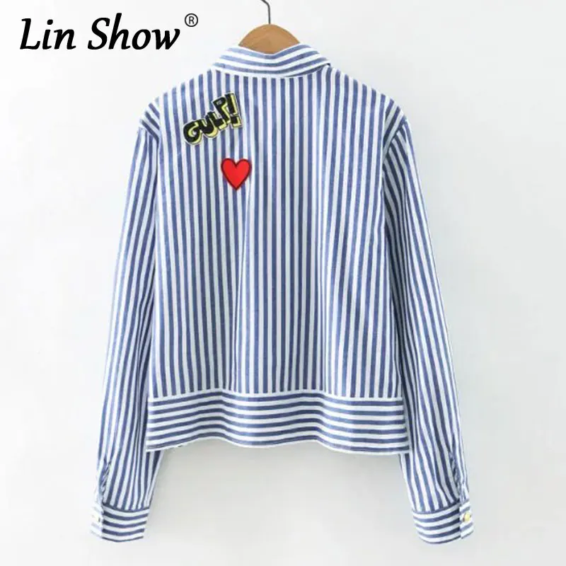 Linshow мультфильм вышивка Синий Полосатый Женщины блузка кнопки Карманы с длинным