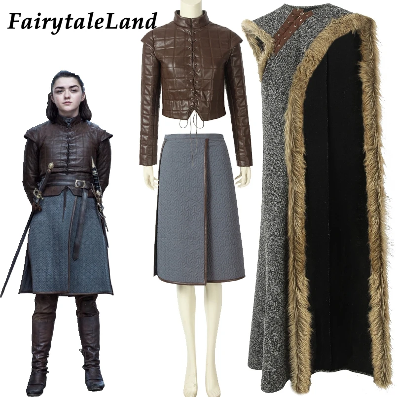 Взрослый костюм Arya, костюмы на Хэллоуин, костюм для косплея, Игра престолов 8, Arya Stark, плащ, куртка на заказ, нарядный костюм