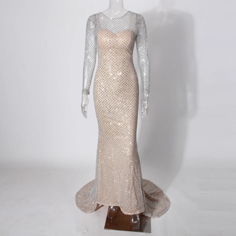 Женское вечернее платье русалка серебристое в клетку с блестящей открытой