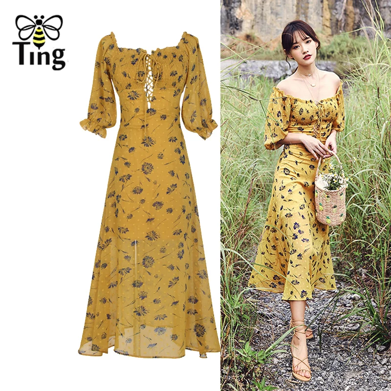 Женское платье с цветочным принтом вырезом лодочкой и шнуровкой | Женская одежда