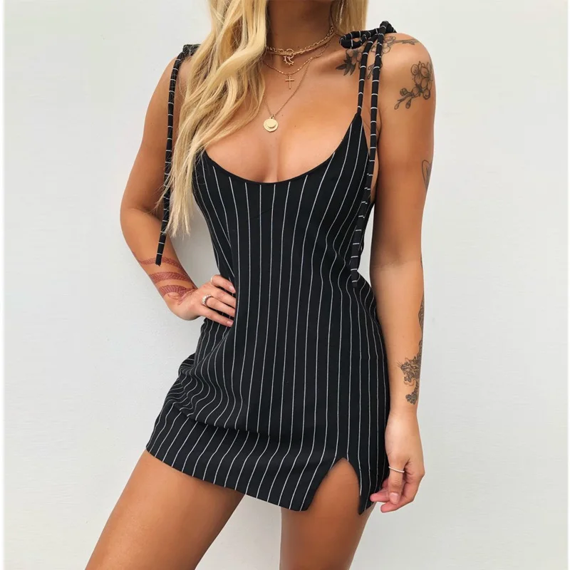 Женское мини платье в черную полоску летнее сексуальное уличное с бантом и