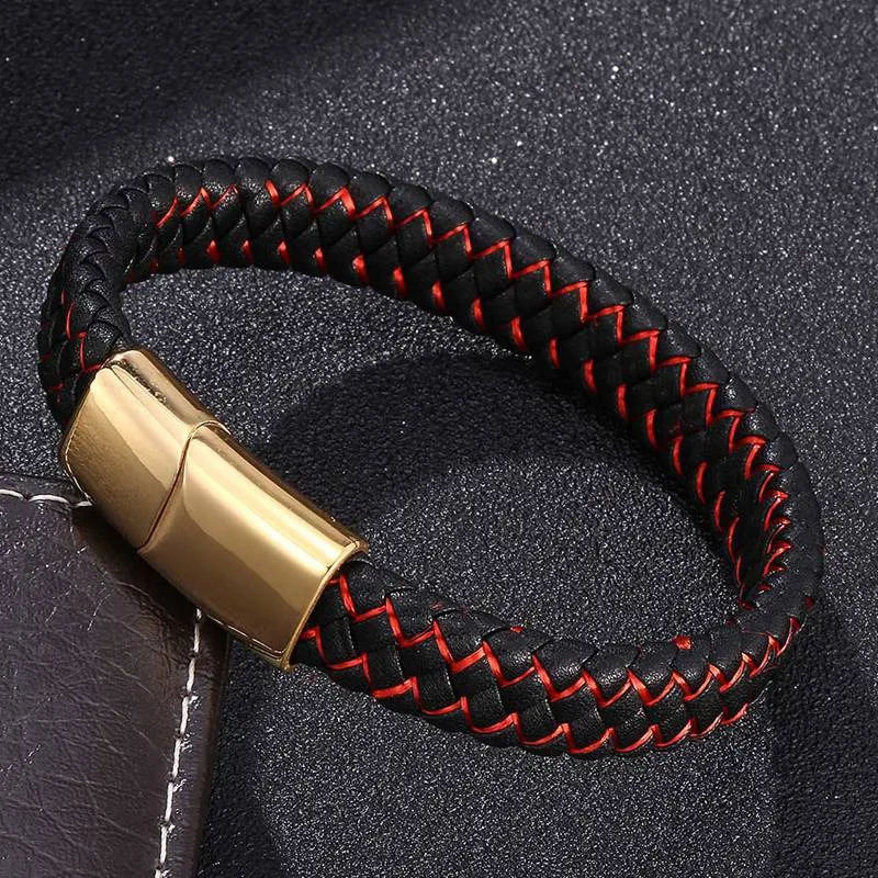 Hot Punk Jewelry Braided Leather Bracelet Gold Color Stainless Steel Magnetic Buckle Male Bangles Gifts BB0222 | Украшения и