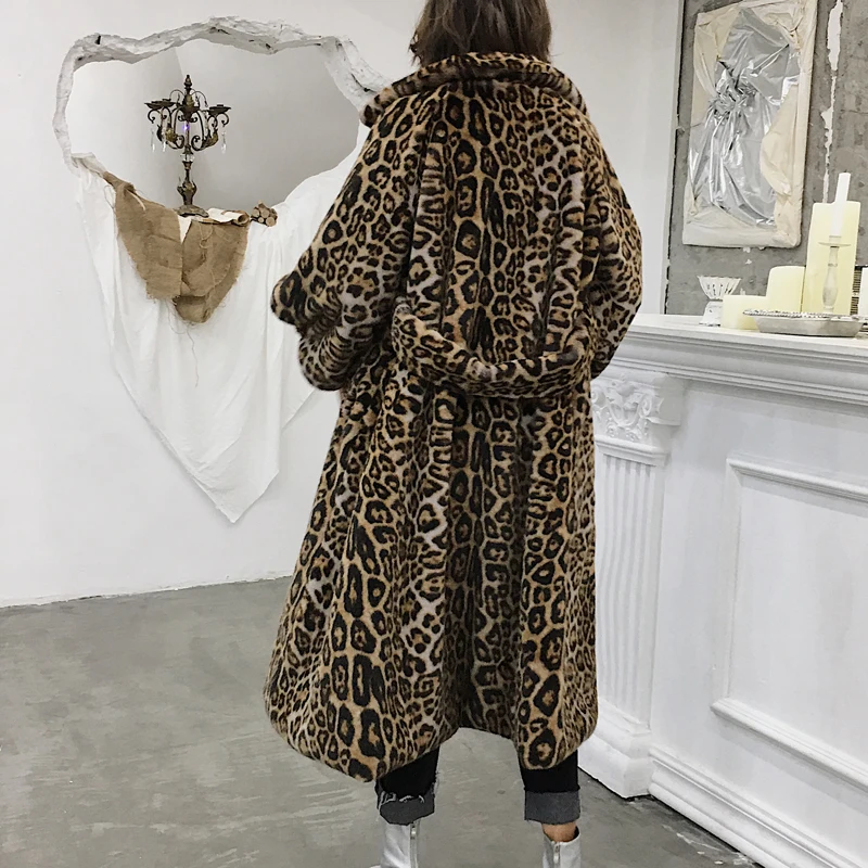 Chic X Long Leopard Faux Fur Coat Jacket Winter Fashion New Pocket Outerwear Thick Warm Cozy Faux Mink Fur Overcoat Female