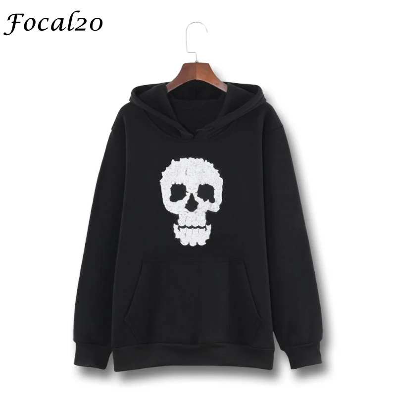 

Focal20 Harajuku Cat Skull Print Women Fleeces Hoodies Gothic Punk Oversize Velvet Hooded Sweatshirt Pullover Streetwear