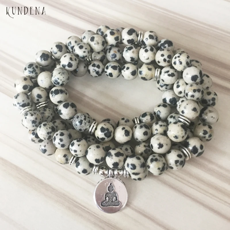 

108 Prayer Dalmatian Mala Wrist Natural Stone Bracelet For Men`s Solar Plexus Bracelet with lotus Buddha Yoga