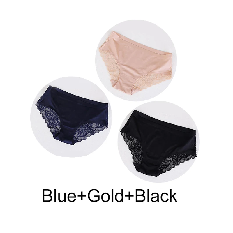 3 Pcs Sexy Underwear Women's Lace Panties Seamless Low Waist Briefs Nylon Silk Breathable Female Cotton Comfortable Lingerie - Color: I