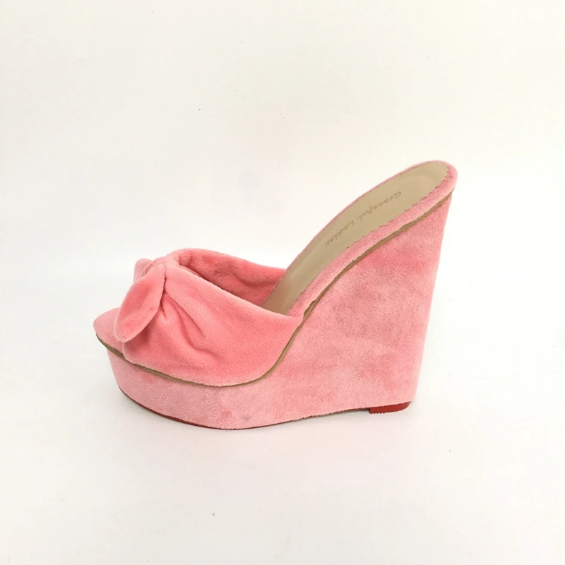 Милые розовые женские шлепанцы на танкетке высоком каблуке с бантом открытым