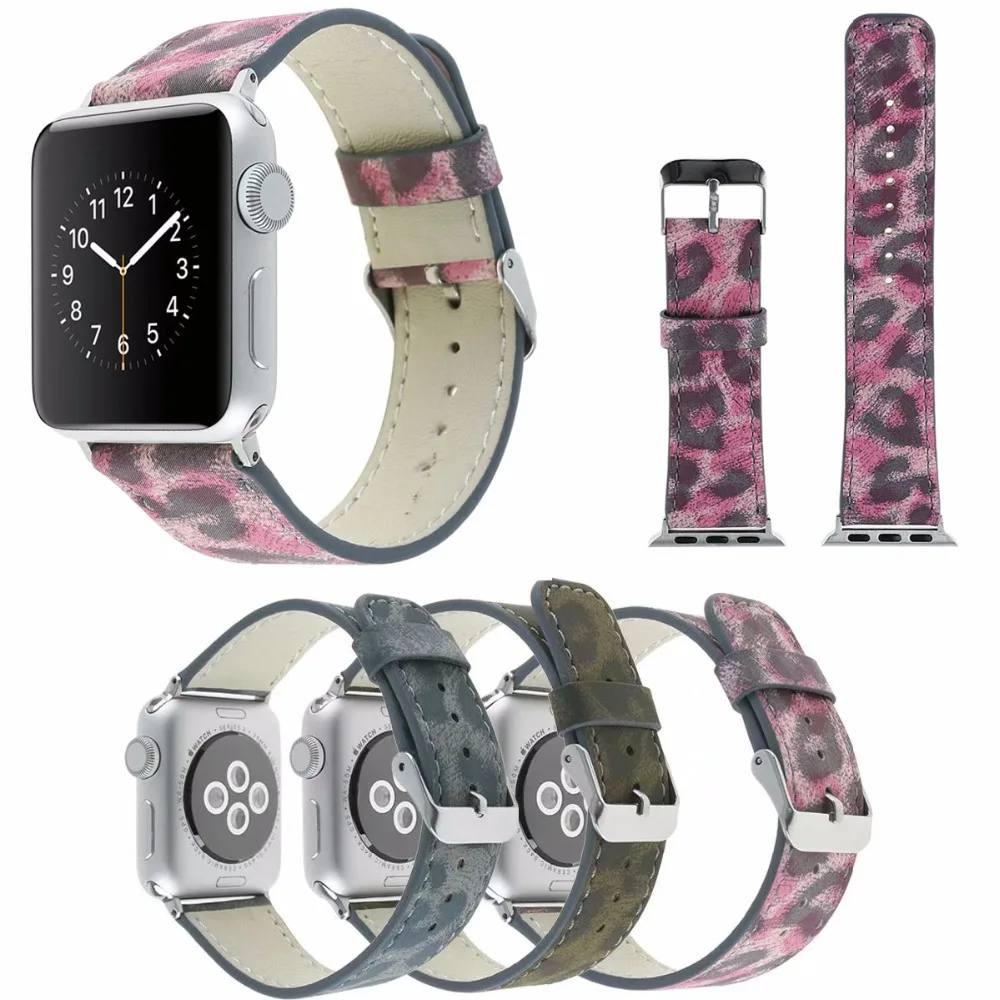 Ремешок для часов Apple Watch кожаный браслет с леопардовым принтом iWatch серии 1/2/3