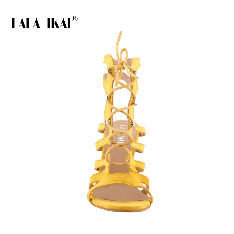Женские босоножки с вырезами LALA IKAI летние туфли на высоком каблуке шнуровке