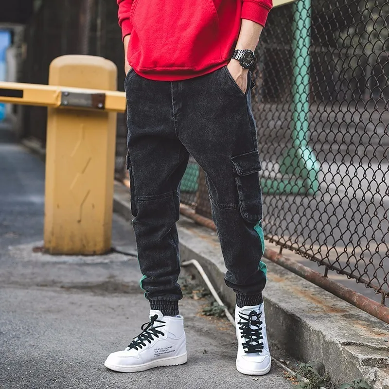 2018 Japanese Men's Fashion Pocket Decoration Hit Color Bound Feet Casual Cargo Pants Loose Black/Green Trousers Size M-3XL | Мужская