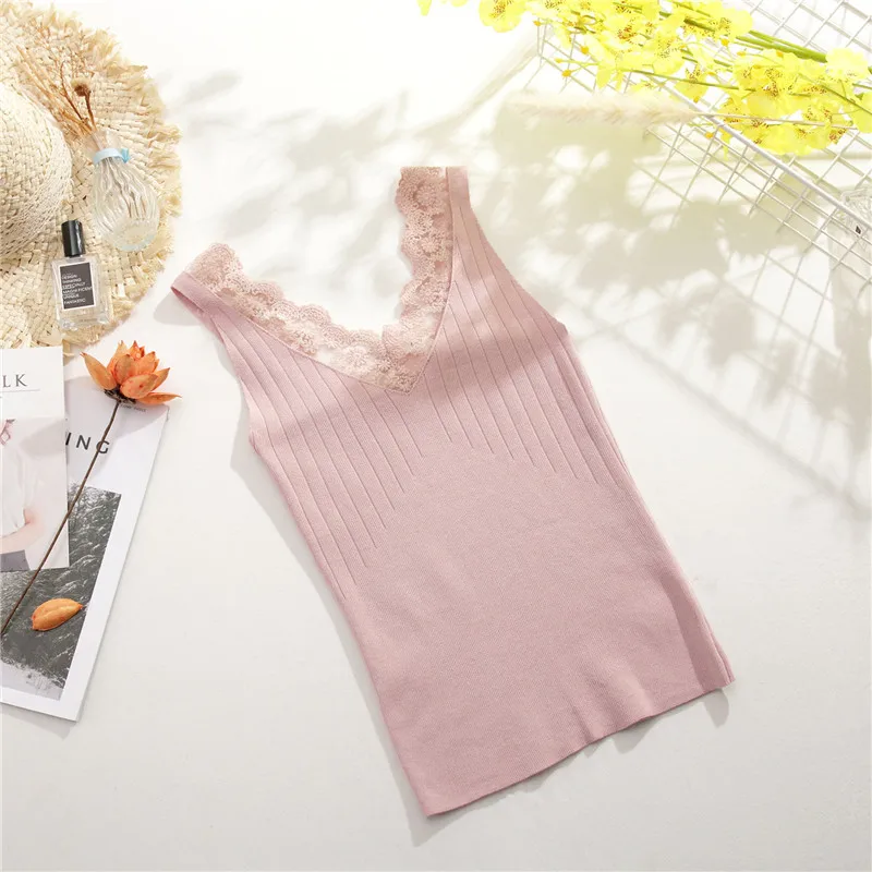 Летняя женская трикотажная однотонная майка, топы без рукавов, футболки для девочек, сексуальные милые топы, майки, вязаная одежда, Лоскутная кружевная v-образная горловина