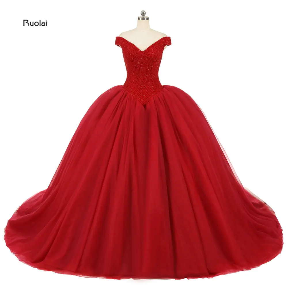 

2019 Newest Luxury Ball Gown Wedding Dresses Beading Off the Shoulder V-Neck Lace Up Back Bridal Gown For Prom Party Customize