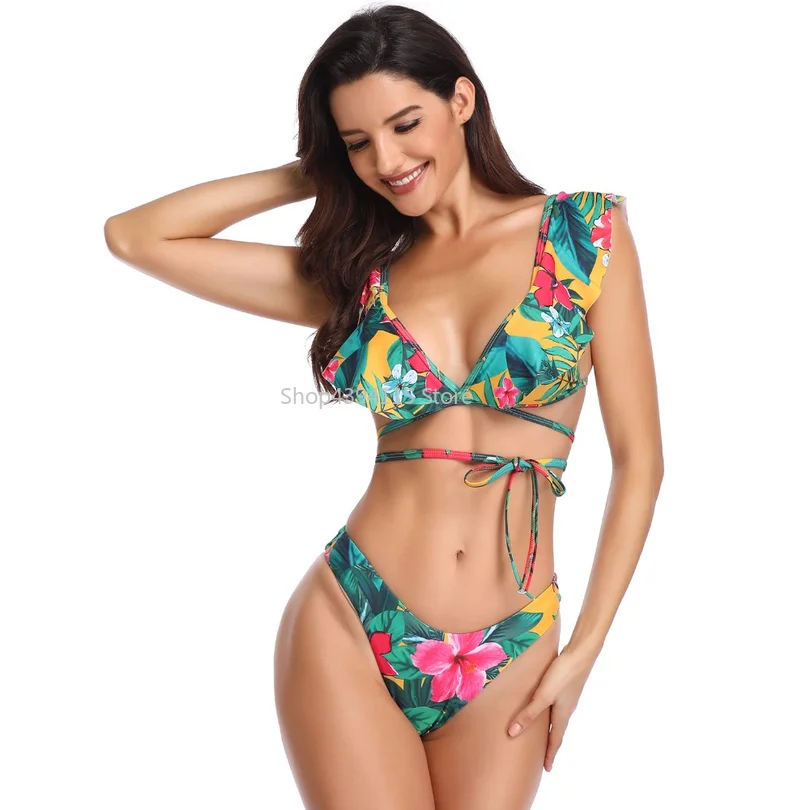 Мини бикини 2019 сексуальный купальник с рюшами Однотонный женский купальный