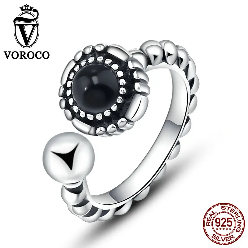 VOROCO 100% Подлинная Стерлингового Серебра 925 Черный Агат Кольцо Регулируемый Палец