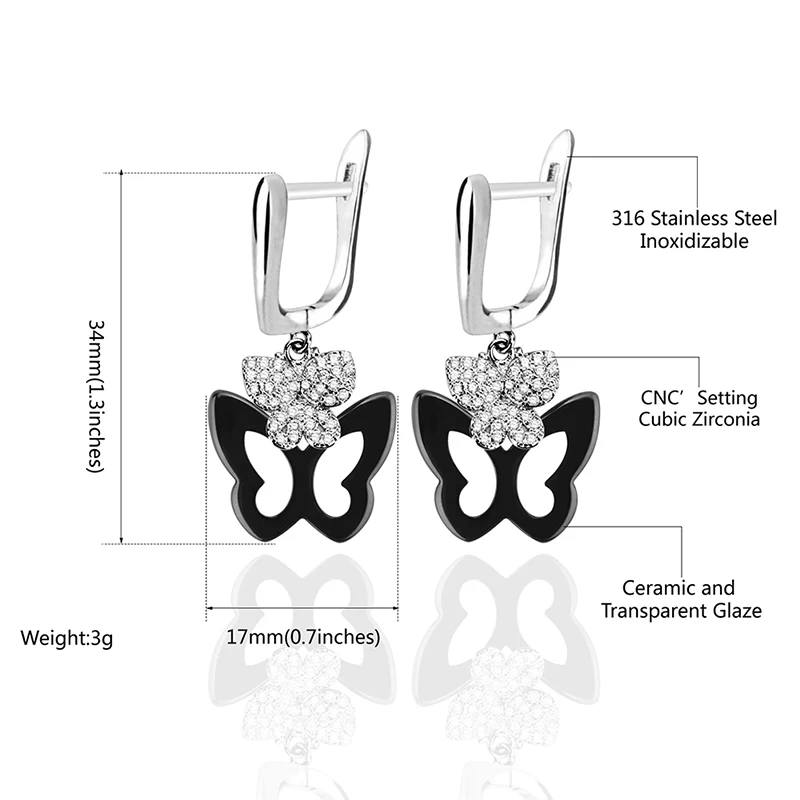 Комплект сережек бабочек с кристаллами черно белые керамические модные