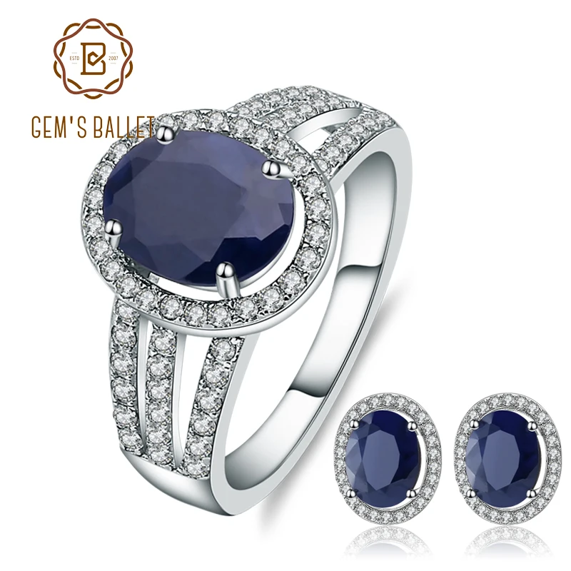 

GEM'S BALLET 925 Sterling Silver Earrings Ring Set Gemstone Jewelry For Women Gift 6.06ct Oval Natural Blue Sapphire Jewelry Set