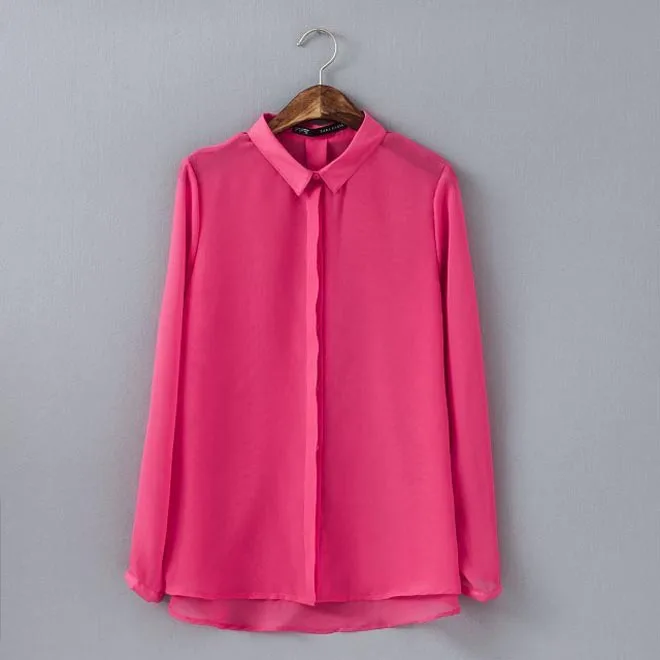 2014 New Women Chiffon Shirt T-shirts Fashion Turn-down Collar Long Sleeve Solid Candy Colors Clothing Blouse Summer CL1778 | Женская