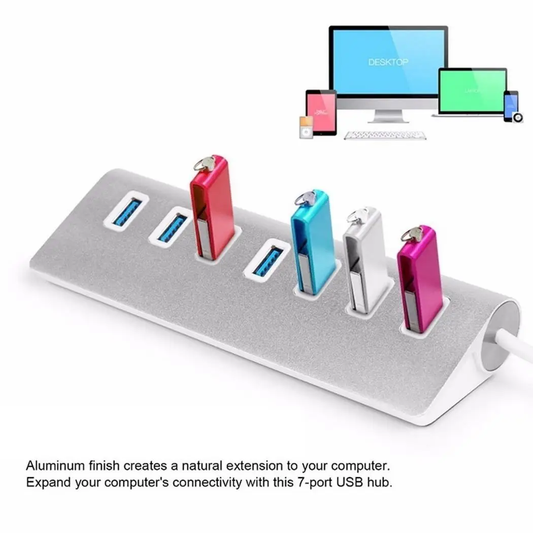 Новый USB2.0 хаб семь рот Серебряный алюминиевый кабель сплав Материал