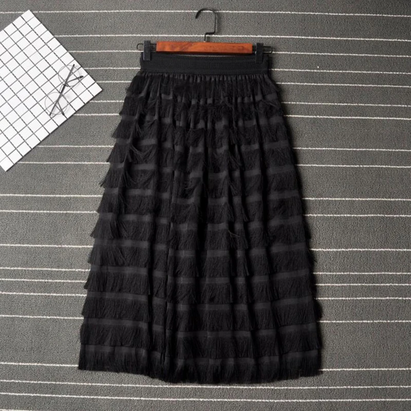 Tulle Tutu Skirts Women Summer Elastic elegant Ladies Midi Skirt A-Line cake Mesh Voile skrits tassel Retro Vintage female LY100 | Женская