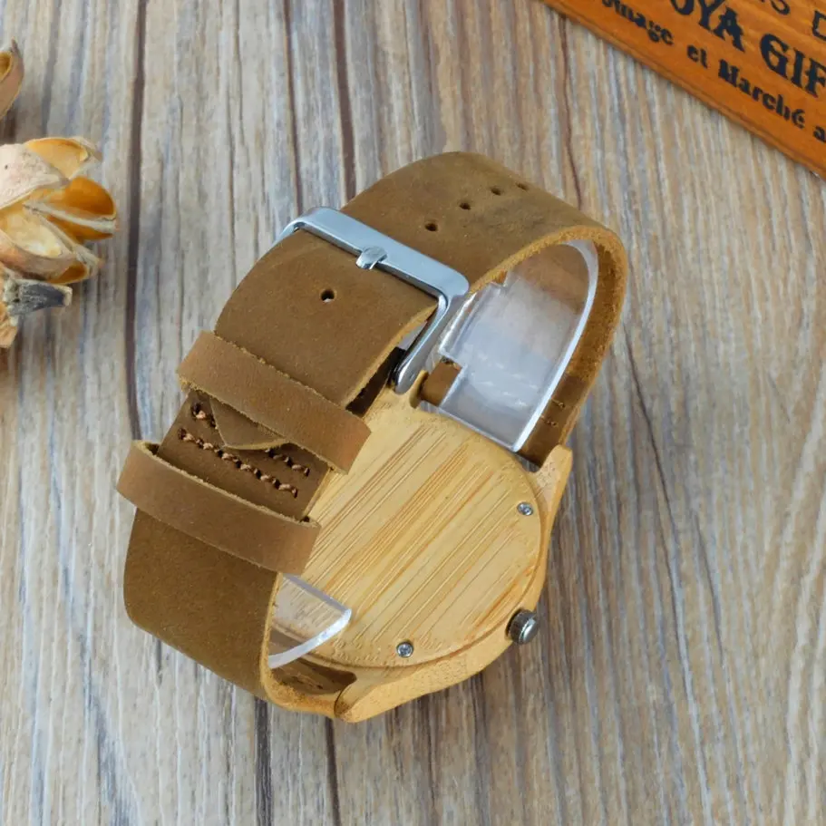 Часы наручные унисекс с бамбуковым корпусом кварцевые коричневым кожаным