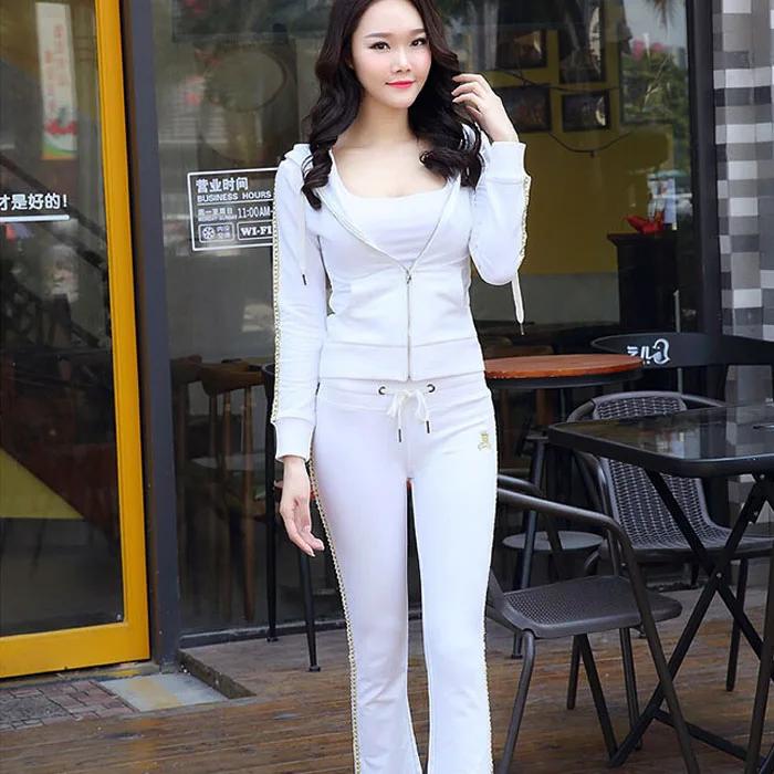 Hot 2018 Spring Full Zipper Fashion Cotton  New Leisure 2 Suit Hot Drilling Hoodie + Vertical Stripe Trousers Two Sets Of Women