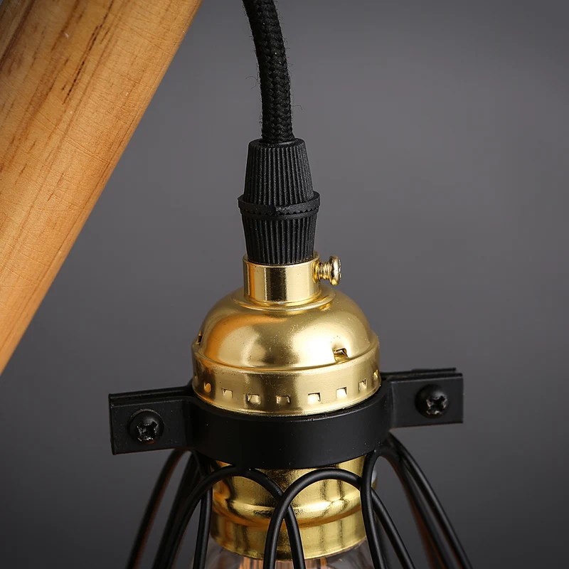 Винтажная настольная лампа в стиле лофт индастриал деревянная подставка клетка