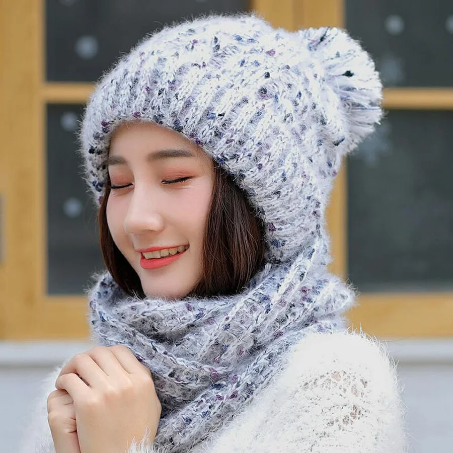 [Lakysilk] Для женщин зимняя шапка комплекты теплые модные однотонные вязаные