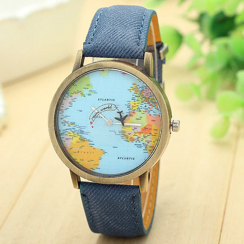 Модные Повседневные часы Global Travel By Plane Map женские кварцевые из джинсовой ткани