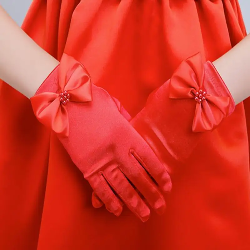 От 4 до 8 лет эластичные Сатиновые короткие перчатки с бантом и жемчугом для