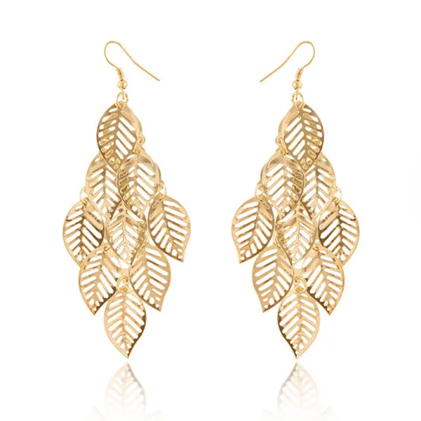 Длинные dangly букле d'oreille выдалбливать женские листьев золотые серьги