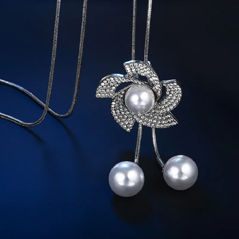 Elegant Simulated-Pearl Long Necklace Women Bijoux Fashion Jewelry Crystal Flower Sweater Necklaces &amp Pendants | Украшения и