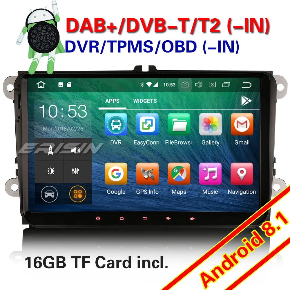 Erisin ES3818V 9 дюймов Android 8 1 четырехъядерный автомобильный dvd плеер PX30 DAB OBD WiFi 3g для