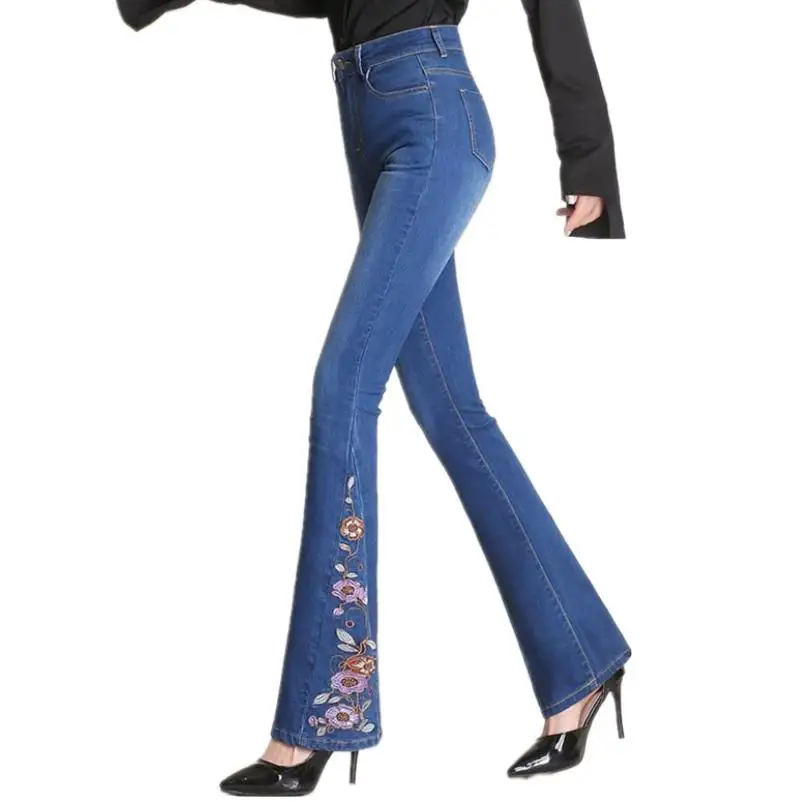 

embroidery High Waist Flare Jeans For Women Denim Skinny Jeans Woman Female Wide Leg Pants
