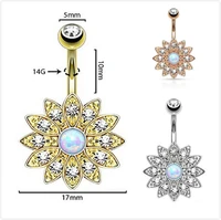hengke boutique rose gold gem opal navel ring paved crystal petal austria flower belly bar ring with synthectic opal centre