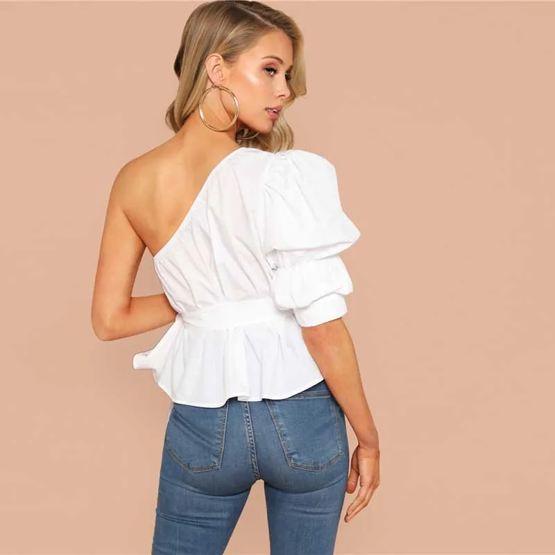 SHEIN Однотонный Топ На Одно Плечо С Пышными Рукавами И Поясом Женская Летняя Белая Элегантная Блузка С Средним Рукавом