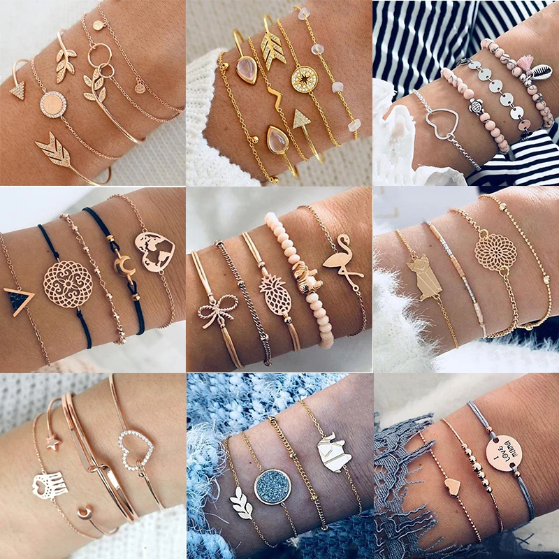 30 Стиль Бохо птица черепаха Карта Сердце лист Браслеты с элементами в виде стрел ракушка бусина пальмовый драгоценный камень цепочка браслет набор изысканные женские ювелирные изделия подарок