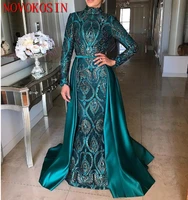 2019 satin long sleeves mermaid muslim evening dresses with detachable train beading crystal moroccan arabic formal party gown