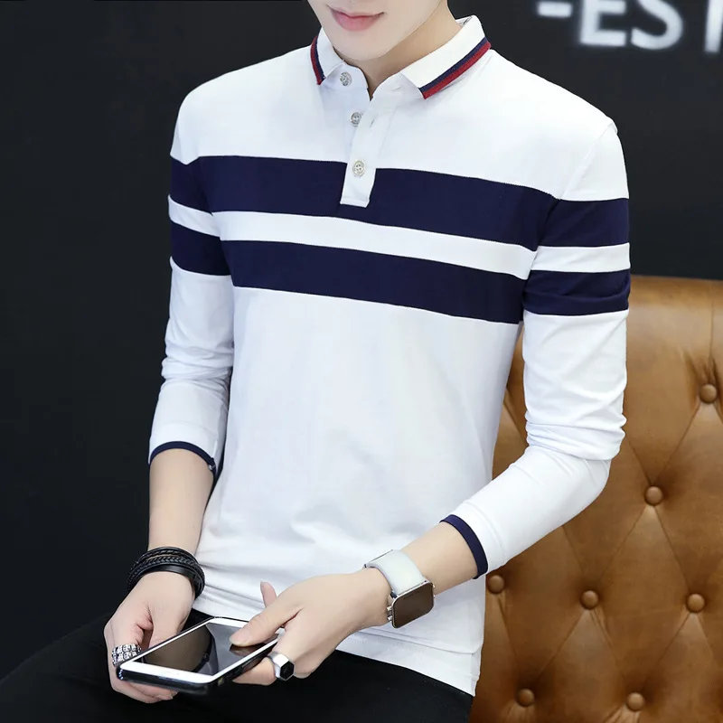 Рубашка поло мужская с длинным рукавом хлопок облегающая в полоску повседневная