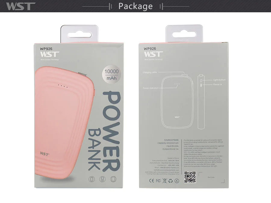 WST power Bank 10000 мАч со встроенным кабелем, Внешнее зарядное устройство, тонкий портативный аккумулятор для iPhone, Android, внешняя батарея