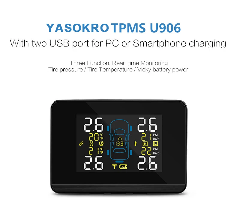 Автомобильный беспроводной TPMS монитор давления в шинах, двойной USB Автомобильное зарядное устройство для телефона gps с 4 внешними сменными датчиками батареи