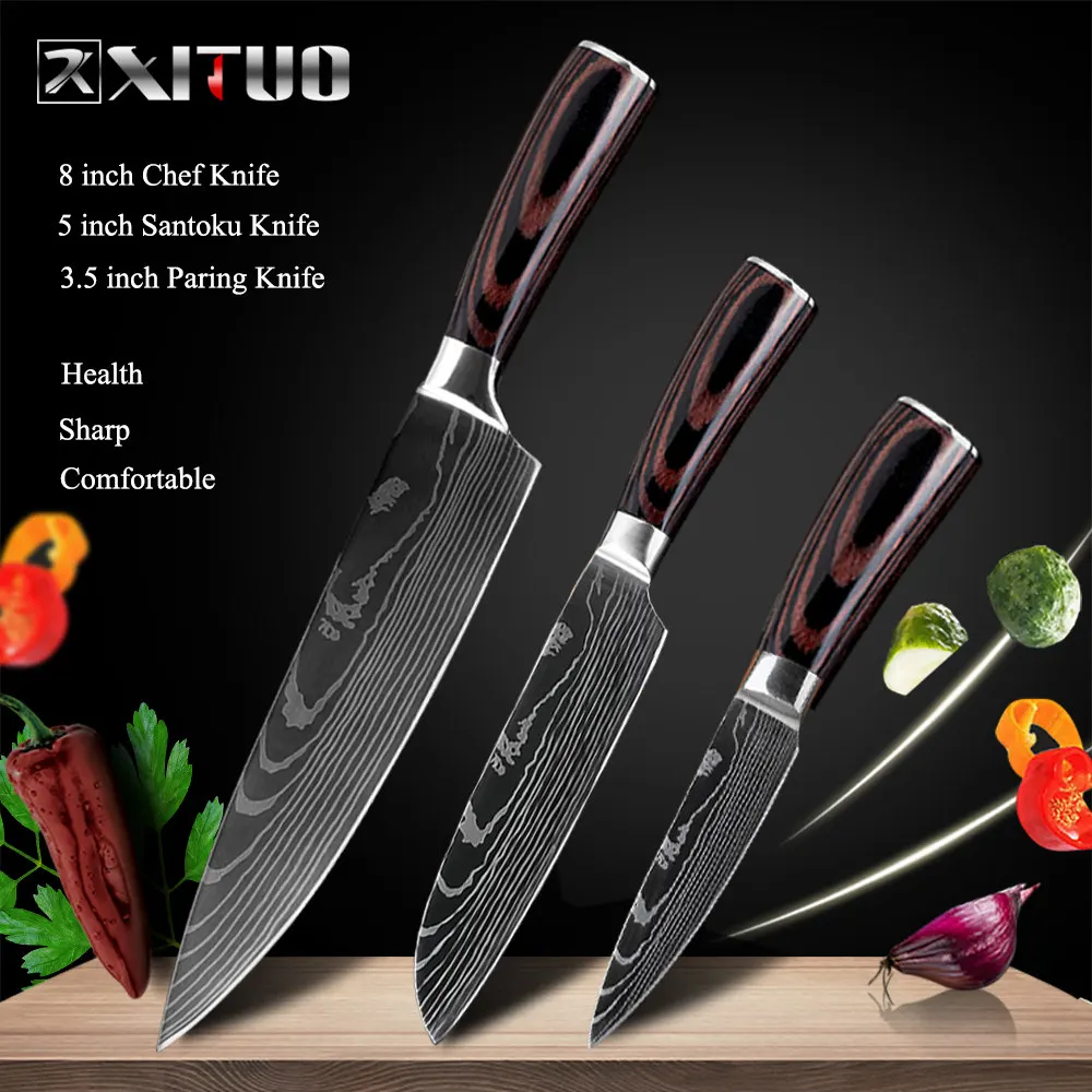 3 PCS Value set 02 XITUO 8 дюймов японские кухонные ножи лазерный дамасский узор нож шеф-повара острый Santoku Кливер нож для нарезки нож инструмент EDC - Цвет: 3 PCS Value set 02