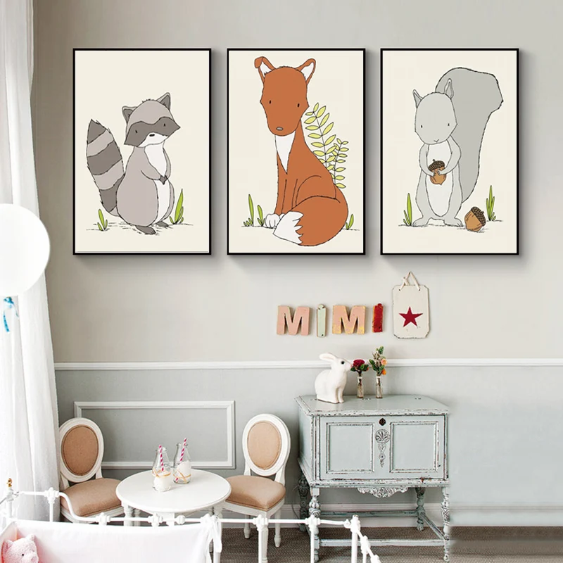 

Woodland Nursery Wall Art Cute Animal Canvas Posters Fox and Raccoon Print Painting Squirrel Pictures for Living Kids Room Decor