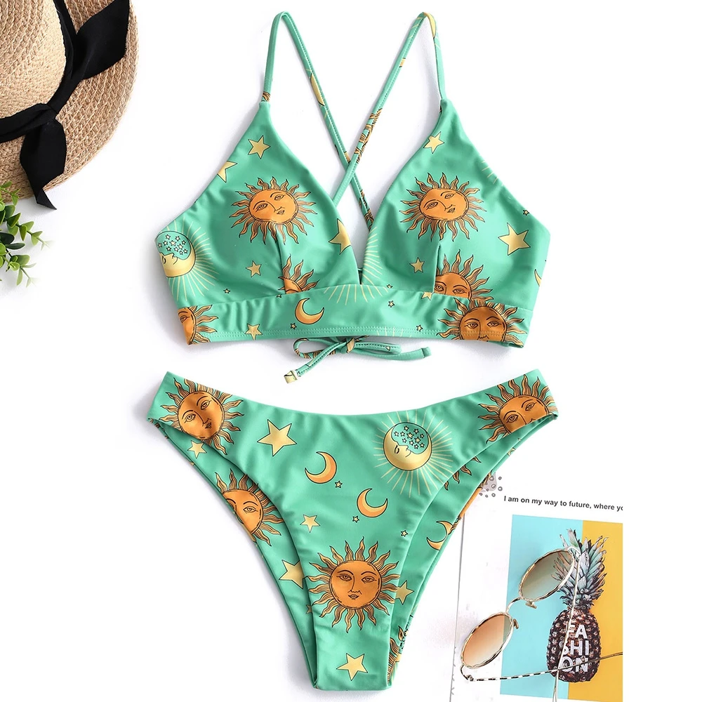 

Star Sun Moon Printed Lace Up Bikini Set Spaghetti Straps Wire Free Swim Suit Women Summer Bathing Suit High Cut Padded Swimwear