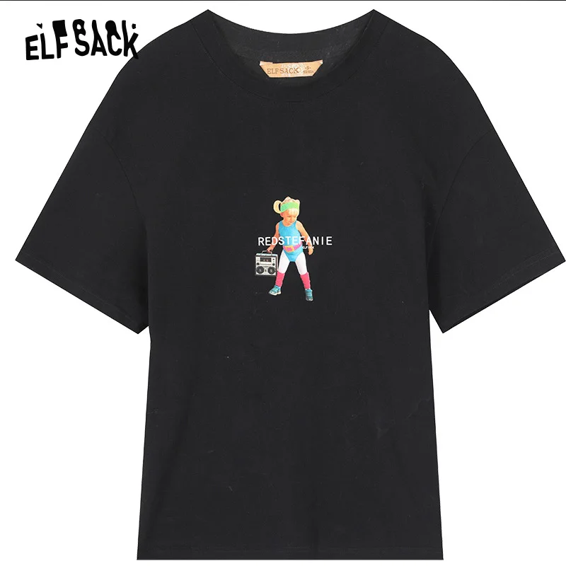 Черный ELFSACK хлопковые повседневные женские футболки с принтом с героями мультфильмов, стильные свободные женские футболки с круглым вырезом, летние новые женские футболки большого размера - Цвет: Черный