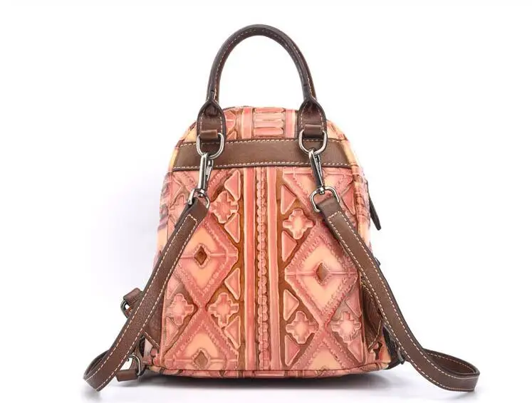

Genuine leather vintage geometric small zip backpack for women